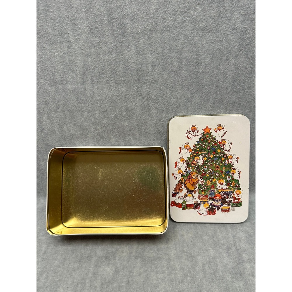 1980 Lucy & Me Enesco Christmas Tin White Angel Tree Vintage Rectangular Box
